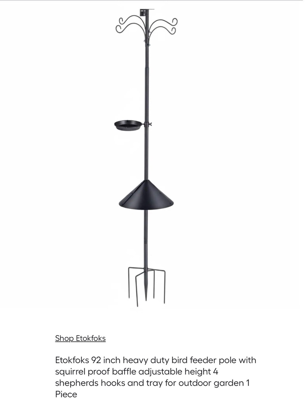 ETOKFOKS Adjustable Black Outdoor Bird Feeding Station - Multi-Hook Pole NWT